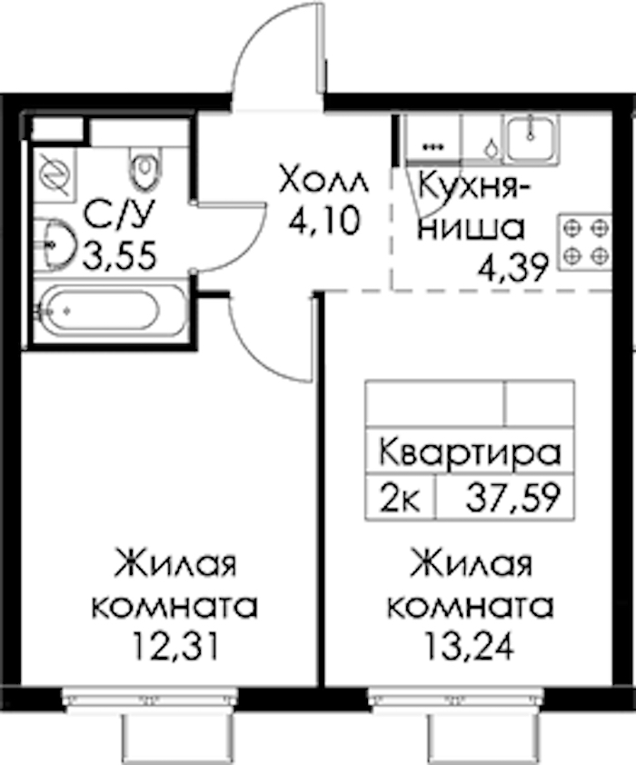 1-комнатная квартира 37.59 м², 12/24 эт., ЖК «Заречный парк»